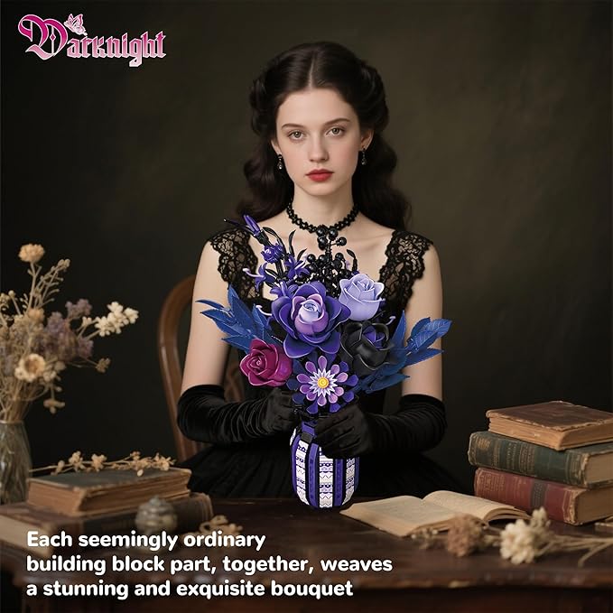 Roses Building Set Flowers Bouquet with Vase Purple Compatible with Lego Botanical Collection for Adults Women Girls Gothic Home Decor
