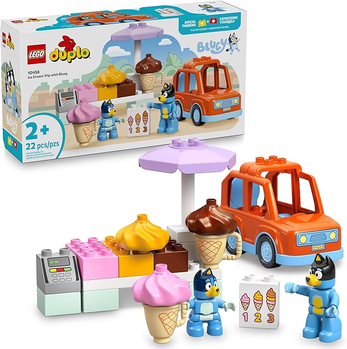 LEGO DUPLO Bluey Ice Cream Trip with Bluey - Toddler Toy for Kids Boys and Girls Ages 2+ - Includes Figure and Ice Cream Stand - Sensory Toy for Pretend Play - Preschool Gift Idea - 10458
