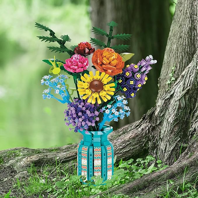 Flowers Bouquet Toys Building Blocks Set with Vase Roses Sunflower Hyacinth Hydrangea Artificial Plants for Adults Teen Girls Home Office Decor- 1853pcs