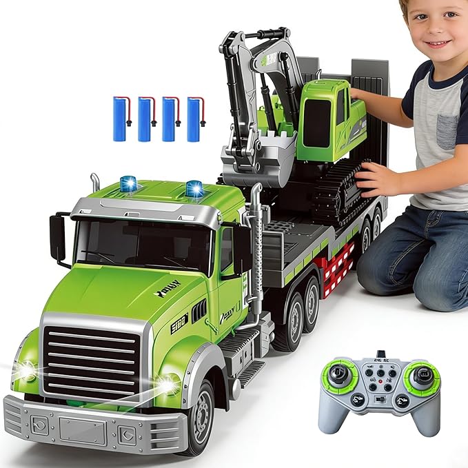 11 Channel RC Semi Truck &amp RC Excavator Toy Set 1:12 Remote Control Flatbed Truck with Trailer Engineering Vehicle with Sound &amp Lights Alloy Bucket Excavator Toys Great Gift for Boys Kids