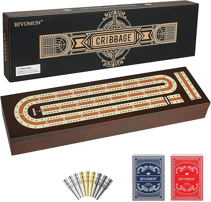Cribbage Board Game Set Continuous 3 Track Wooden Board with Magnetic Lock 9 Metal Pegs 2 Playing Cards Large Storage Area Travel Portable Travel Cribbage Boards for Adult Child