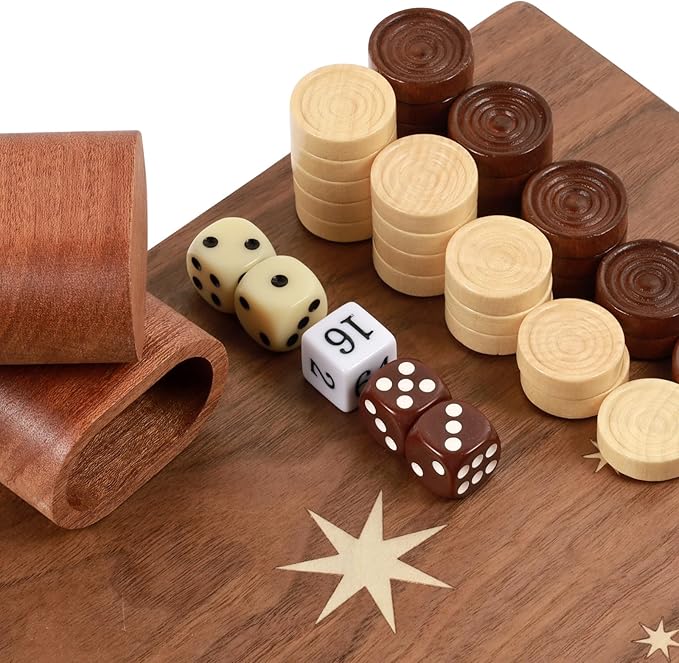 Handcrafted Wooden Backgammon Set 16 Large Size Classic Two-Player Strategy Board Premium Travel Game Board for Adults &amp Teenagers