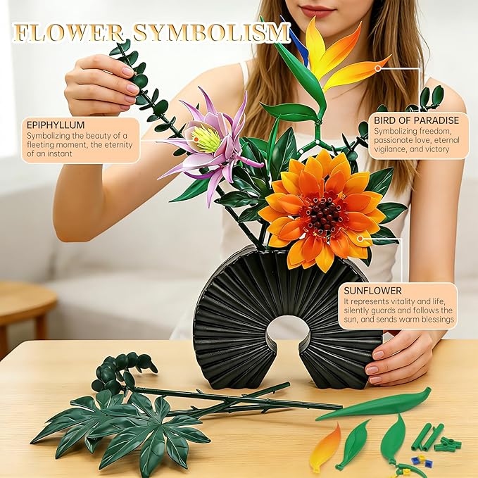 Flowers Building Sets with Leak-Proof Plastic Vases for Building Flowers Compatible with LEGO Botanicals Sunflower Collection Building Toys Home Office Desk Decor Gifts for Women Adults Girlfriend