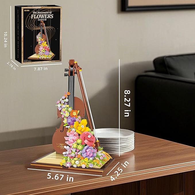 Mini Violin Building Blocks Sets Flower - 950+PCS Musical Instrument Micro Building Bricks Kit Floral - Creative Ideals Collectible Architecture Decoration Birthday Gift(Violin Flower)