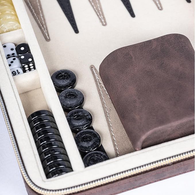 Backgammon Sets for Adults Classic Board Game with Folding Faux Leather Backgammon Case Portable Travel Backgammon Game Set (Brown)