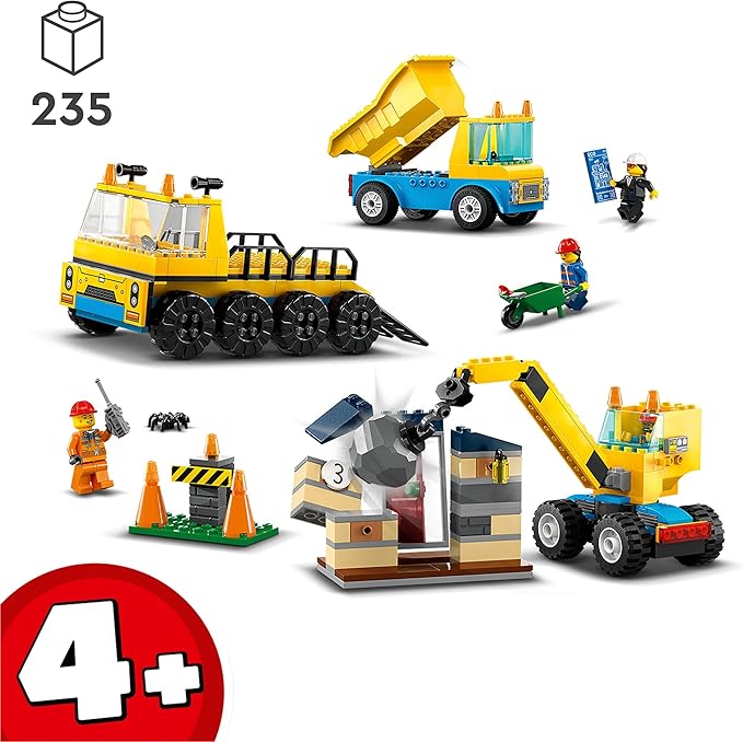 Lego 60391 City Camiones de Construcción y Grúa con Bola de Demolición Excavadora de Juguete Camión Basculante y Vehículos de Transporte Set de Aprendizaje para Niños y Niñas a Partir de 4 Años