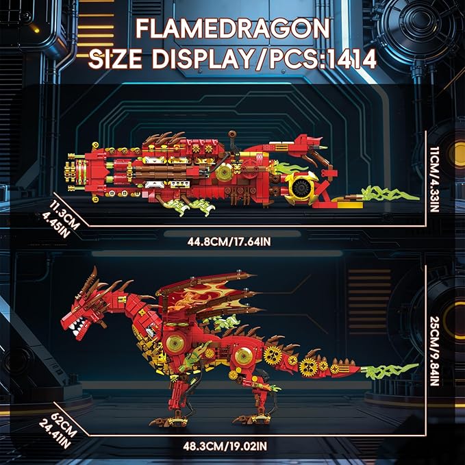 Armored Flaming Dragon Building Blocks Set Mechanical Style Red Dragon Model with Flame Details 3D Construction ToyIdeal Gift for Adults &amp Teens.