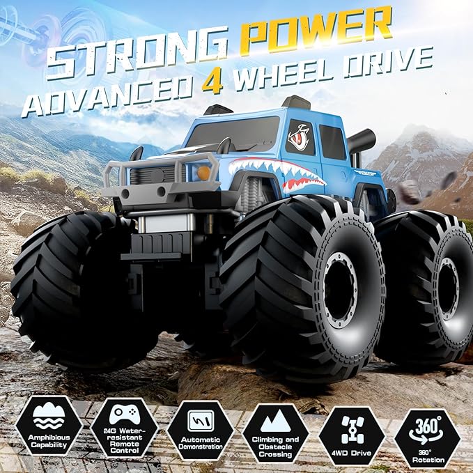 NQD® Monster Truck Toys Waterproof 360°Rotate 4x4 RC Truck Amphibious Remote Control Monster Trucks 2.4GHz All Terrain Off-Road Pickup Toy RC Car for Gifts for Boys Kids Age 6 7 8 9 10 11 12+ Blue