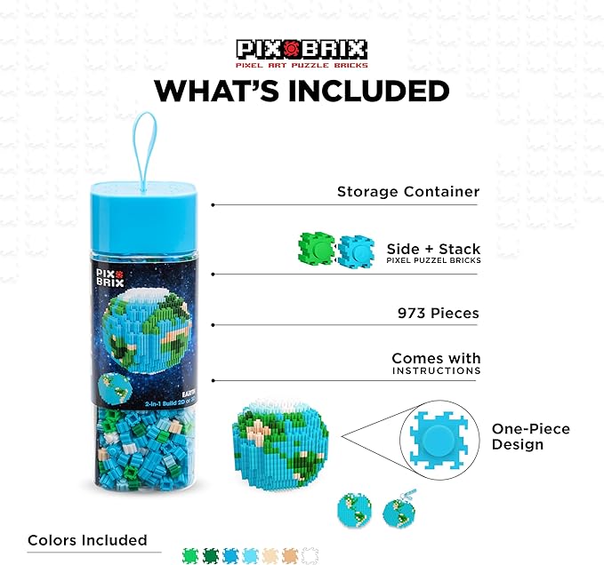 Pix Brix Space Bottle – Earth Set | 973-Piece 2D &amp 3D Earth Building Kit for Kids 8+ | Reusable Storage Bottle Keychain Clip Pixel Art Blocks | STEM Toy Compatible with Major Brick Brands