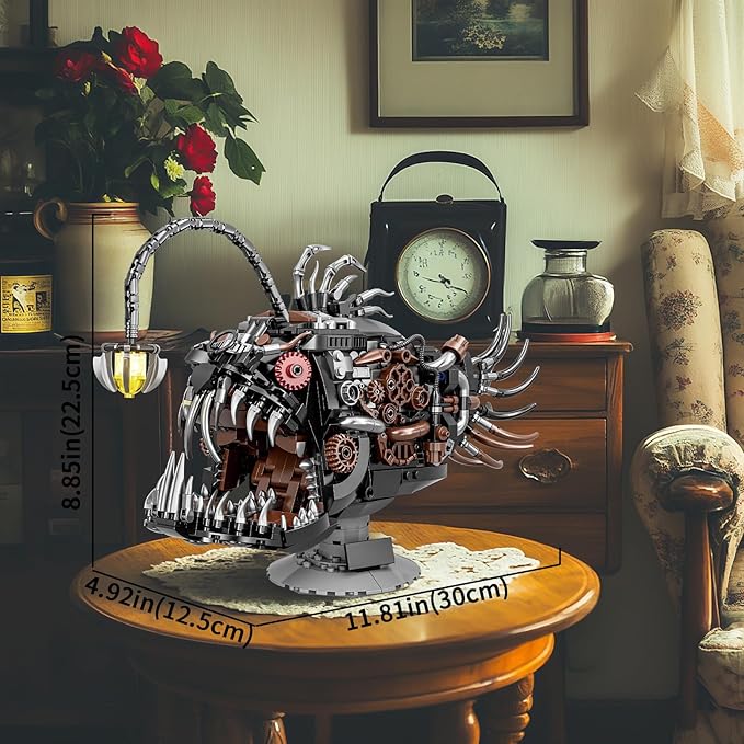 Mechanical Angler Fish Building Set with Light Creative Ocean Lantern Fish Animal Toy for Home Office Decor Compatible with Lego Shark STEM Gift for Adults Teens Boys 8-14+ (1038 PCS)