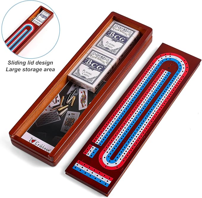 Cribbage Board Game Set with Large Storage Area Solid Wood 3 Track Cribbage Board 9 Metal Pegs 2 Playing Cards and Instruction. Travel Cribbage Sets for All Ages(Vintage Color).