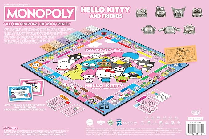 Monopoly: Hello Kitty and Friends Buy Sell Trade Buildings from The Animated Series Featuring My Melody Badtz-Maru Keroppi Classic Monopoly Game Officially-Licensed Hello Kitty Merchandise