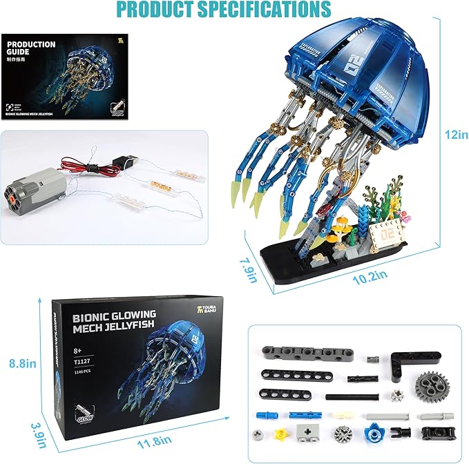 Mechanical Jellyfish Building Block Set with LED Light Bionic Glowing Mech Jellyfish Movable Linkage Gears Sea Animal Collection Toy Desk Decor Creative Gifts for Ages 8+(1146PCS)