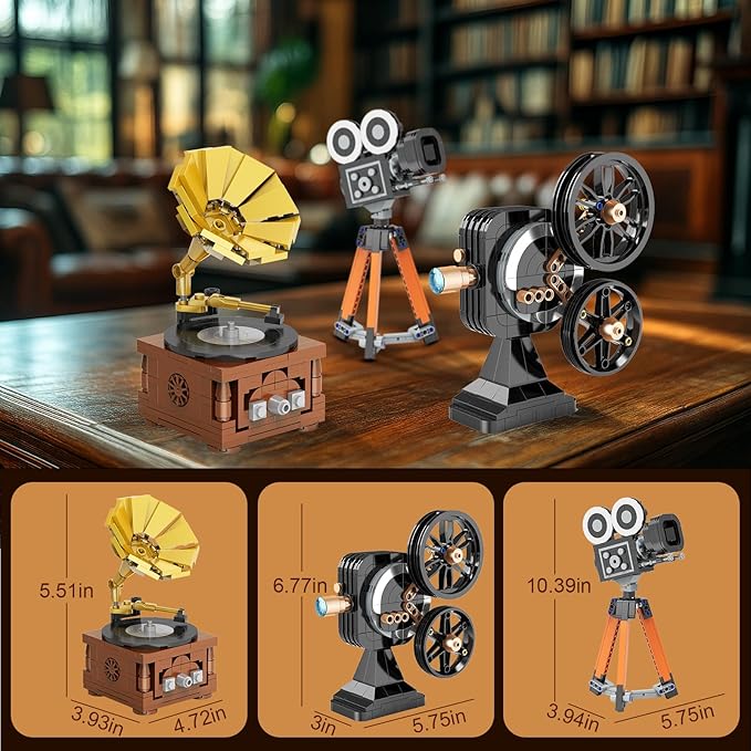 3 in 1 Vintage Model Building Set for Adults Teens 14+ Retro Phonograph Projector Camera Collectible and Display Model Home Office Decor Creative Birthday Gifts (705 Pieces)