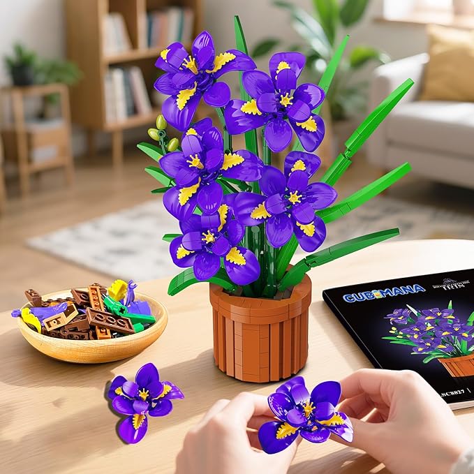 Flowers Botanicals Iris Building Set - Easter Artificial Purple Bonsai Plant for Home Office Décor 808PCS Flower Building Kit Indoor Decoration Floar Gift for Adults Wife Girlfriend Mom