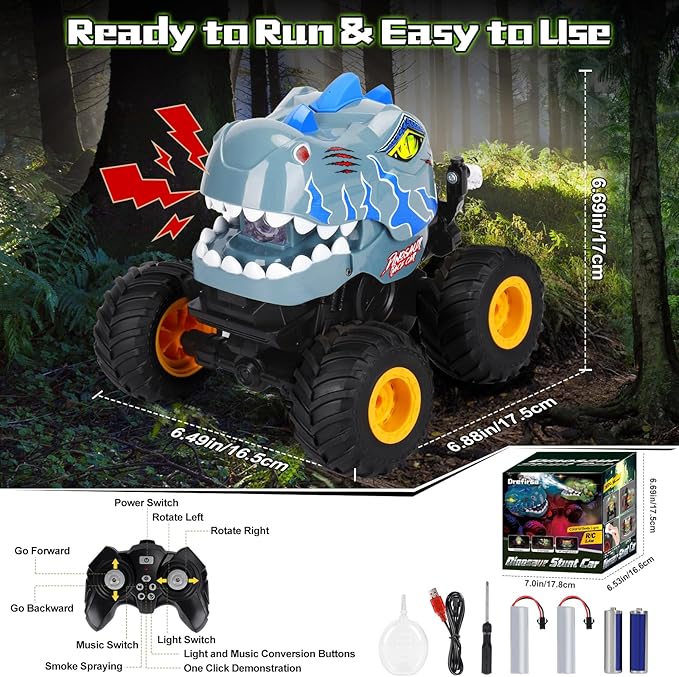 Remote Control Car for Boys 4-7 8-12 Dinosaur Monster Truck Toys with 50min+ Runtime Spray LED Light 360° Rotating &amp 90° Driving RC Stunt Car for Kids Birthday