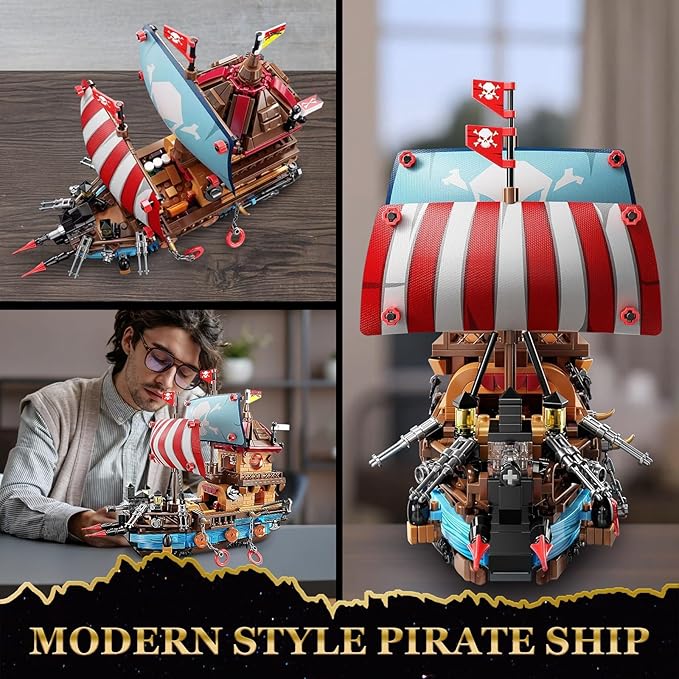 Pirate Ship Building Sets with Lights Creative Model Ship Boat Pirate Themed Toys Building Kits for Home Decor 916 Pieces Christmas Birthday Gift for Adults Teens 14+