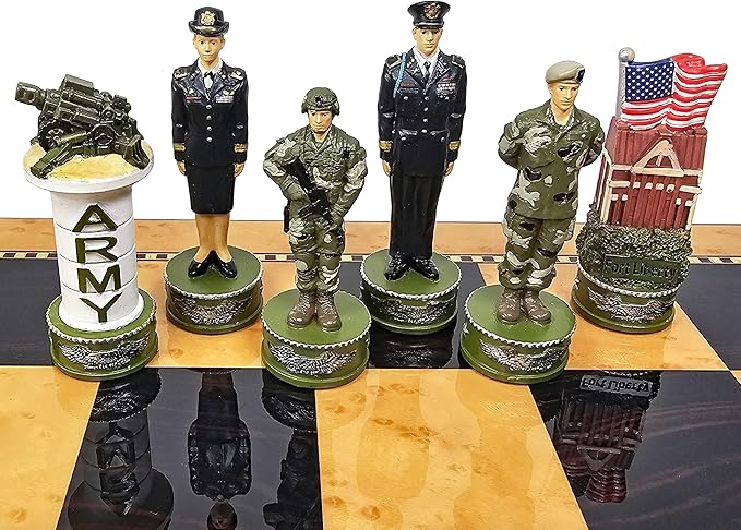 US Military Army vs Air Force Chess Men Set with 17 inch Walnut Color Storage Board