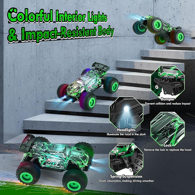 Remote Control Car 1:18 Rc Cars All-Terrain RC Truck with LED Light 20KM/H Rechargeable 2WD 2.4GHz Sturdy PVC Shell Remote Control Truck for Boys 4-7 8-12 Beginner (Green)