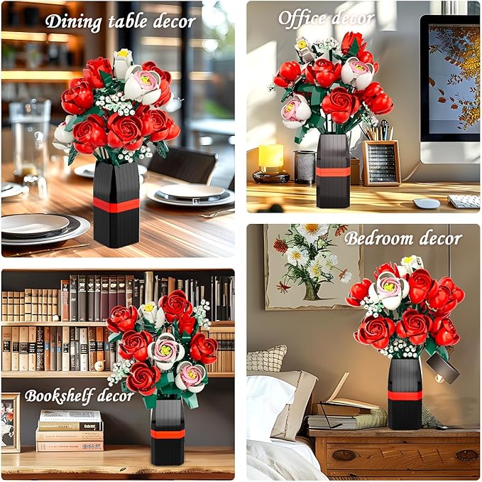 Flower Bouquet Building Set Artificial Roses Toy Building Set with Vase Building Blocks Flower Brick Toys for Home Office Decoratin Christmas Mother's Day or Valentine's Gifts 841 PCS