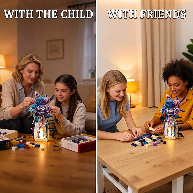 Flowers Bouquet Building Set Rose Compatible with Lego Flowers with vase Light for Adult Girl WomenBotanical Collection GothicMother's Day Easter Gifts Home Office Decor