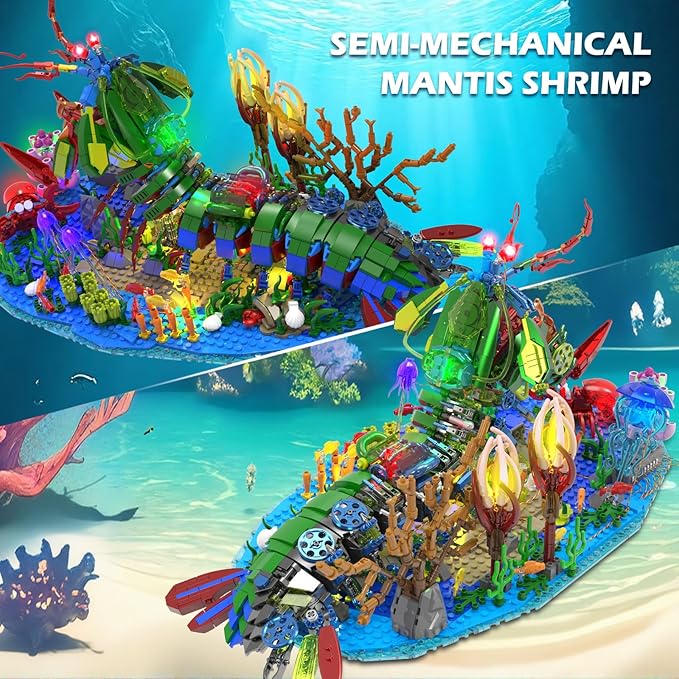 JMBricklayer Mechanical Mantis Shrimp Building Blocks Set with LED Lights Sea Creatures Ocean Animal Model Building Toys with Jellyfish Crabs Coral Reef Sea Creative Display Gift for Adults Kids 14+