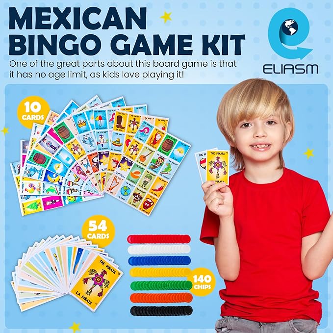 ELIASM Loteria Mexican Bingo Game - Bilingual English Spanish Game for 10 Players for Kids 5+ Adults &amp Seniors Educational Learning Game for Preschool Kindergarden Classroom Family Board Games
