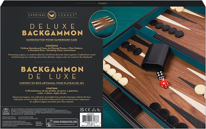 Spin Master Games Legacy Deluxe Wooden Backgammon Classic 2-Player Original Board Game Set with Cups and Dice for Kids and Adults Aged 8 and up