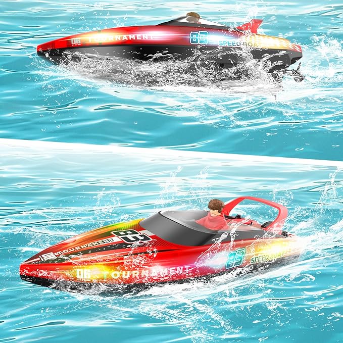 RC Boat with LED Lights 40+ Mins Self-Righting Waterproof Remote Control Boat for Pools Lakes Bathtubs Summer Water Toys for Kids Radio Controlled Watercraft (Red)