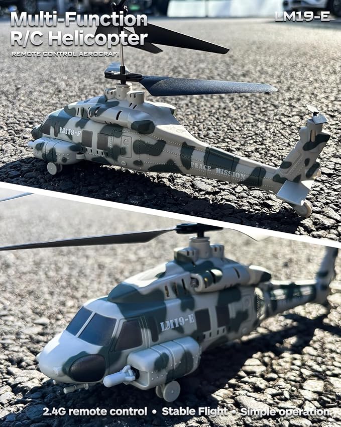 RC Helicopter LM19-E 2.4GHz Remote Control Helicopter with 10 Launchable Missiles LED Light Altitude Hold One-Key Take Off Indoor Friendly Army Toys for Birthday(2 Batteries)