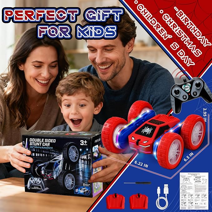 Spider Remote Control Car 4WD 360° Flips RC Stunt Car Toys Cyber-Inspired Double-Sided Drift Rc Cars with LED Lights 2 Rechargeable Charge Battery Modules Toys and Gift for Boys Age 3-12