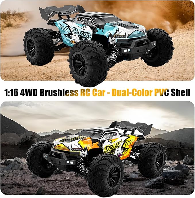 1:16 Scale Brushless RC Car - 50+ MPH High Speed All Terrain Off-Road Monster Truck for Adults &amp Teens 14+ | 2.4GHz 2X LiPo Batteries RTR | Hobby Grade Remote Control Vehicle