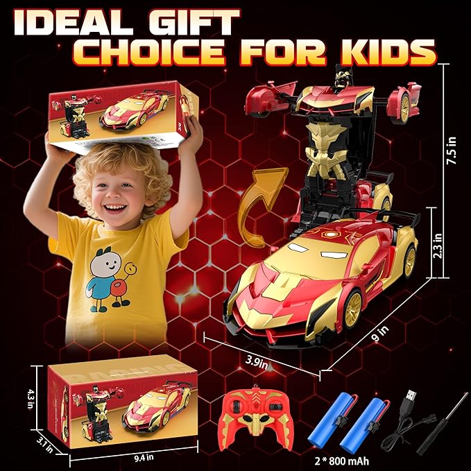 Transform RC Iron Man Cars Robot Toys with Underbody Lights 2.4GHz Hero Remote Control Car One-Button Deformation 360°Rotation Robot Car Toys Christmas Birthday Gifts for Kids Age 4 -12(1:18 Scale)