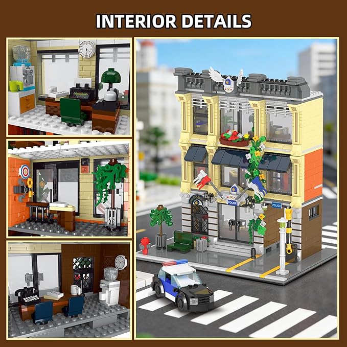 City Police Station Building Set Compatible with Lego Retro Modular 3-Story Architecture with LED Lights Realistic Street Scene Display for Adults &amp Teens (1445 Pieces)