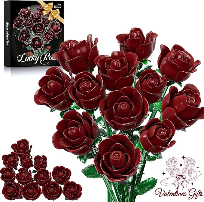 Burgundy Red Rose Bouquet Building Set for Girls &amp Boys - 12 Pack Botanical Collection Gift for Easter Basket Artificial Flowers Botanical Collection Centerpiece Retro Decor