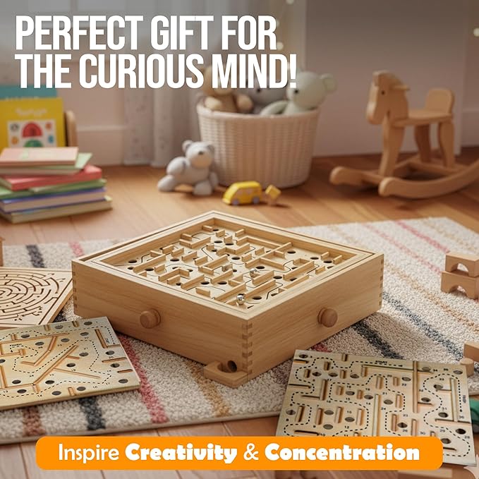 Sterling Games Wooden Labyrinth with 3 Swappable Boards – Classic Maze Game with 60 36 and 25 Waypoints – Wooden Tilt Puzzle with Knob Control and 3 Steel Marbles for Kids Age 6+