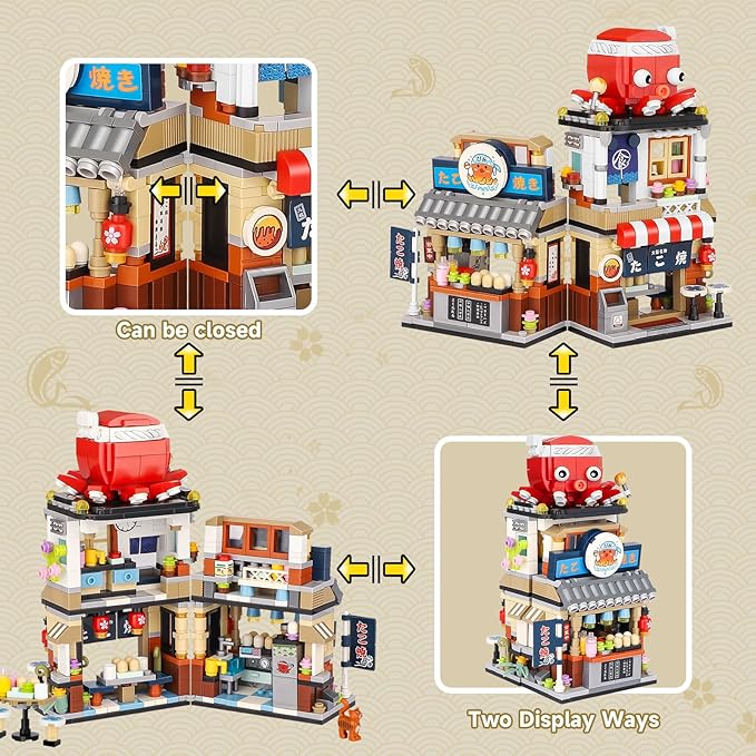 Japanese Street View Takoyaki Shop Mini Building Blocks MOC Creative Japanese Toys for Girls 6-12 Years Old 722 Pcs Simulation Architecture Construction Toy Gift Idea for Kids Adults
