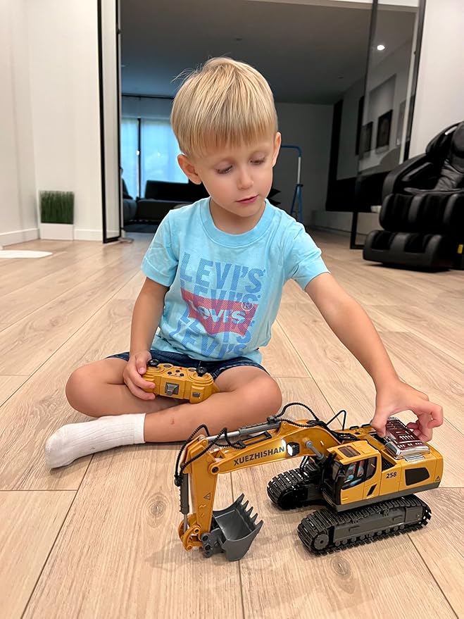 Remote Control Excavator Toy for Boys | 11-Channel Metal Construction Truck with Lights 2×1200mAh Batteries 120-Min Playtime | RC Excavator Toys for Kids Ages 3-12 STEM Gift for Birthday
