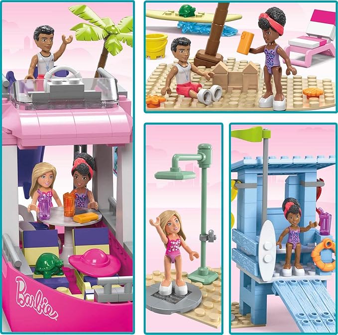MEGA Barbie Kids Building Toy Set Malibu Dream Boat with 317 Pieces 2 Micro-Dolls and Accessories Pink Ages 6+ Years