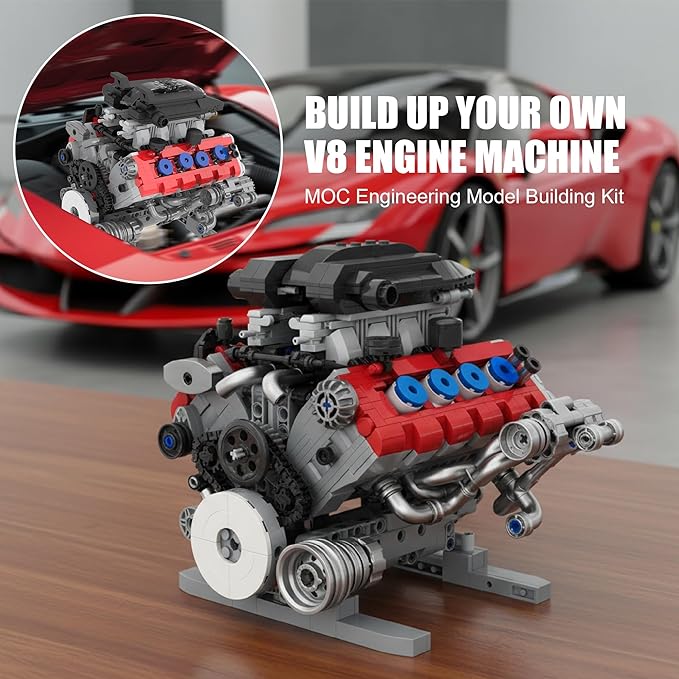 V8 Engine Building Set for Adults Build Your Own MOC Mini V8 Engine STEM Model Toy with Motor Model kit That Run Car Engine Building Blocks for Teens &amp Kids Boys (1189PCS)