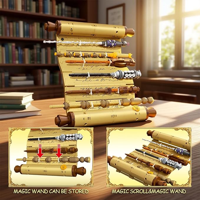 Inspired Magic Scroll Building Block Set with 7 Unique Wizard Wands Movie Fantasy Fans DIY Construction Toy for Enthusiasts Ideal Gift for Kids &amp Collectors