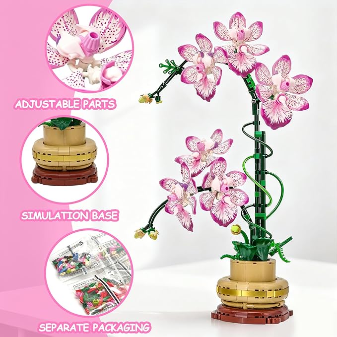 Orchid Flowers Building Block Sets Compatible with Lego 853792 Accessory Artificial Plant Botanical Collection for Home Kitchen Desk Decor Best Gift for Mom Kids 4+(Purple 697Pcs)