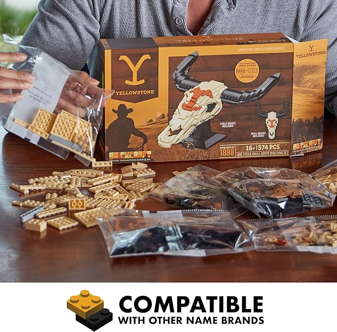 Brickcraft Officially Licensed Yellowstone TV Show Cow Steer Skull with Table &amp Wall Mount Included 563 Pieces Multicolored Brick Building Set