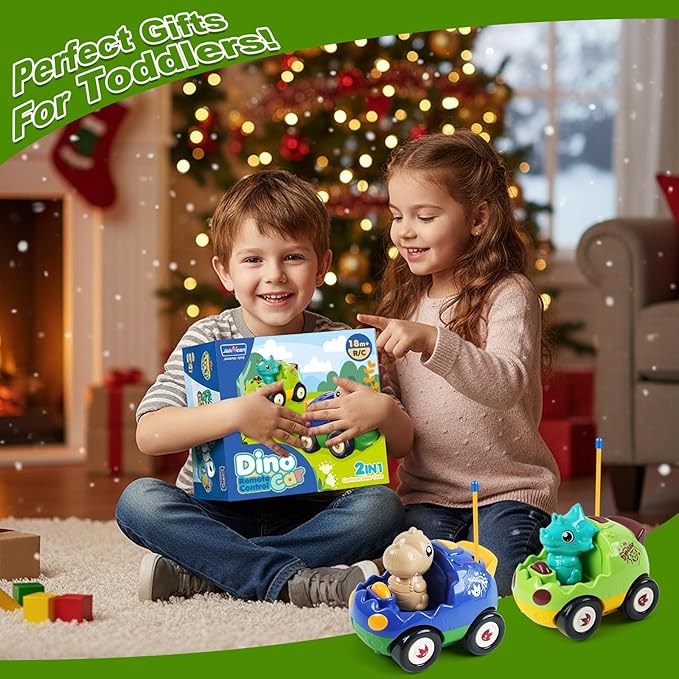 2-Pack RC Dinosaur Cars for Kids - Remote Control Dinosaur Toy Cars with Music and Lights Birthday Gift Toy for Boys Ages 2 3 4 5 Year Old and Toddlers 18+ Months