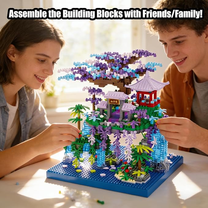 Beego Peach Blossom Pond Architecture Tree House Micro Building Kit Set Japanese Cherry Blossom Architecture Building Blocks Sakura Tree House Valentines Gift for Lover Adults(1746PCS)