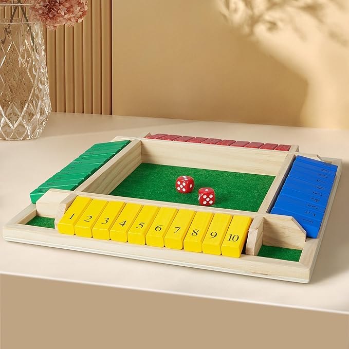 AMEROUS Shut The Box Dice Game-12 inches-Colorful Design-1-4 Players-12 Dice-Gift Package Classic 4 Sided Wooden Board Game for Adults Kids Classics Board Game