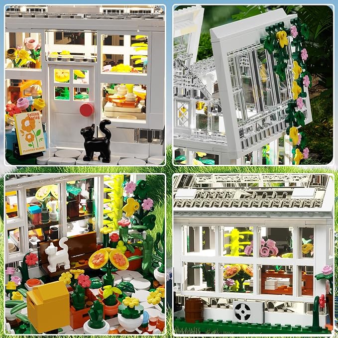 Flower House Building Mini Set with LED City Street View Greenhouse Building Blocks Toy Valentine Xmas Gift for Friends or Girls 8-12 Year