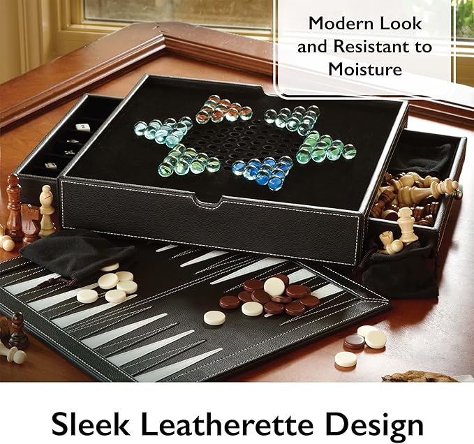 Mainstreet Classics Broadway 5-in-1 Combo Board Game Set: Chess Checkers Backgammon Chinese Checkers and Dice Games