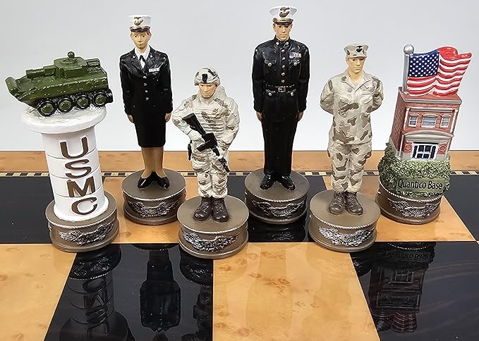 US Military Chess Set Army Navy Air Force or Marines. Choose 2 Branches of Men with 17 inch Walnut Color Storage Board (Air Force vs Marines)