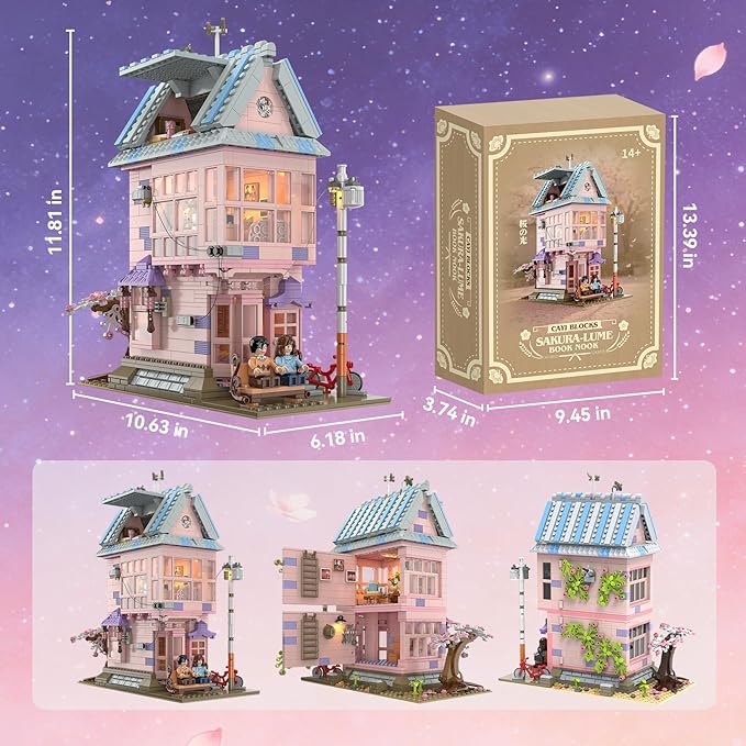 Cherry Blossom Pink House Building Set with LED Light Three Story Apartment with Study Greenhouse Cherry Blossom House Construction for Home Decor Birthday Gift for Adults Girls 12+ (1432 PCS